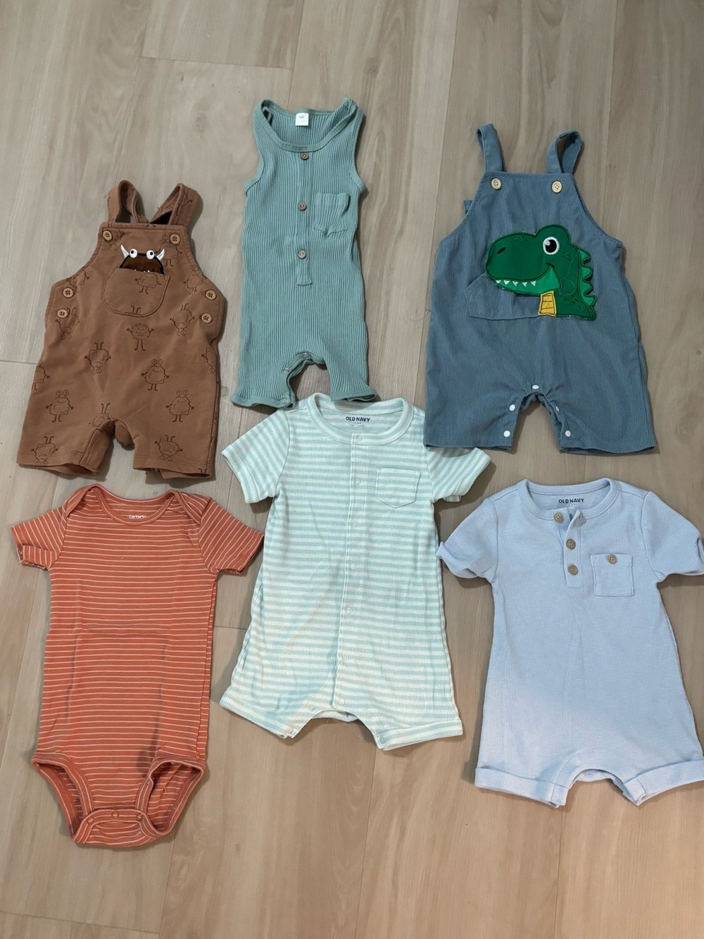 Assorted Kids One-Piece Rompers - Blue, Green, Brown, Orange, White